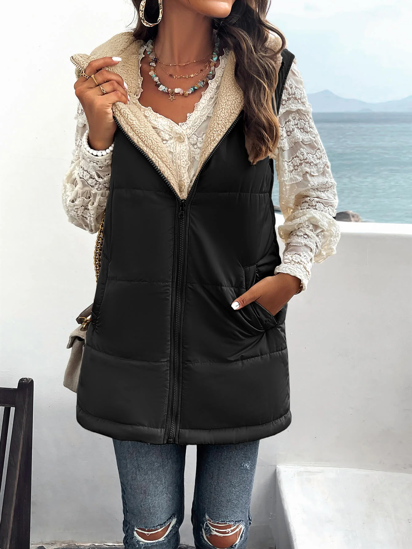 Fall And Forever Hooded Puffer Vest - Black - Image 4