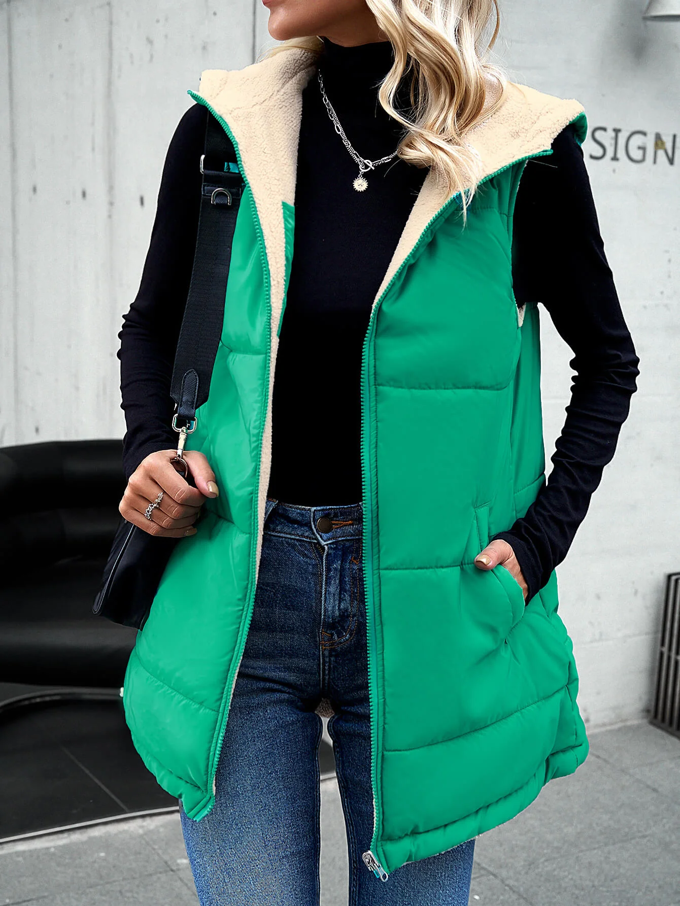 Fall And Forever Hooded Puffer Vest - Green - Image 2