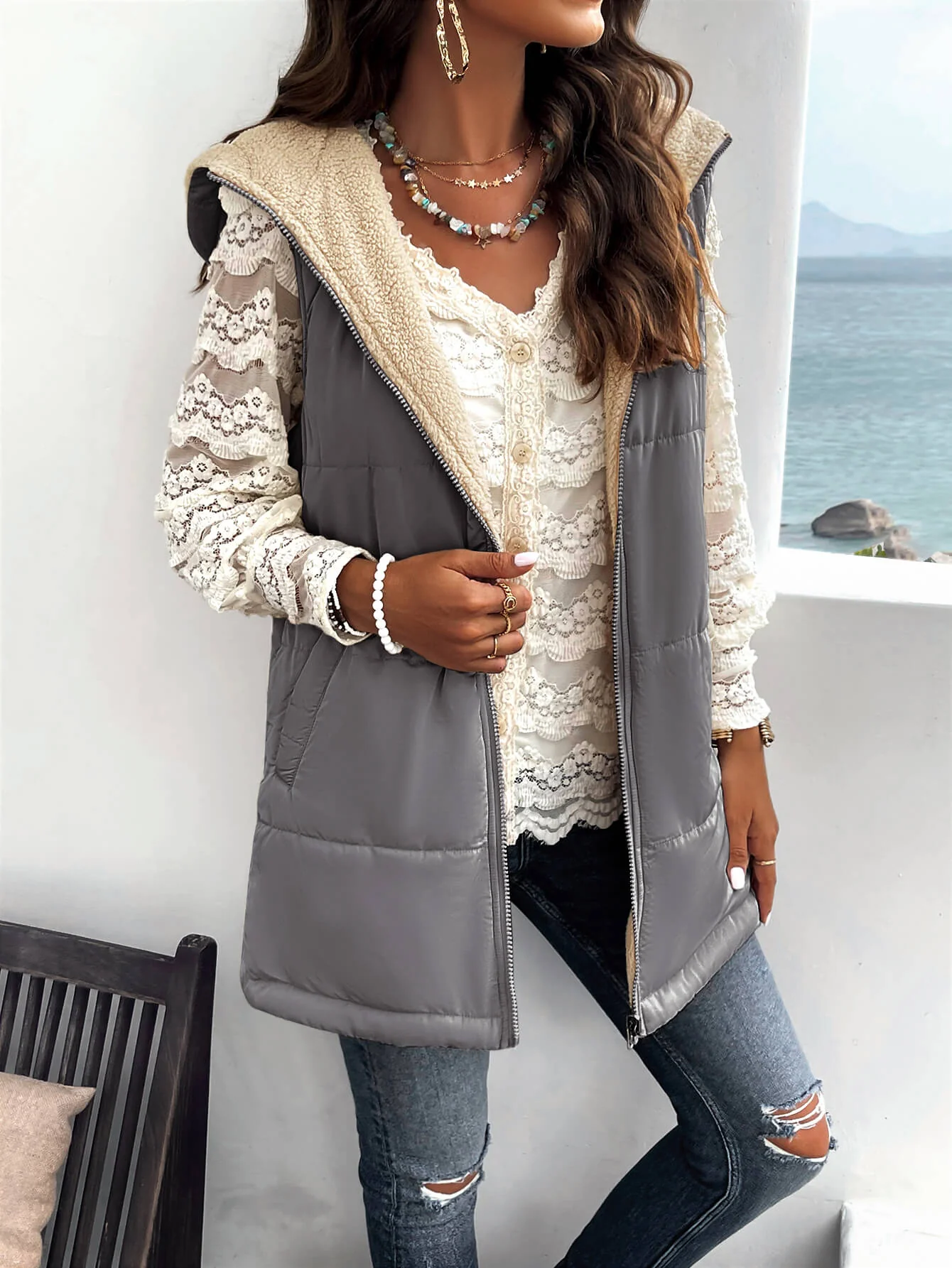 Fall And Forever Hooded Puffer Vest - Grey - Image 3