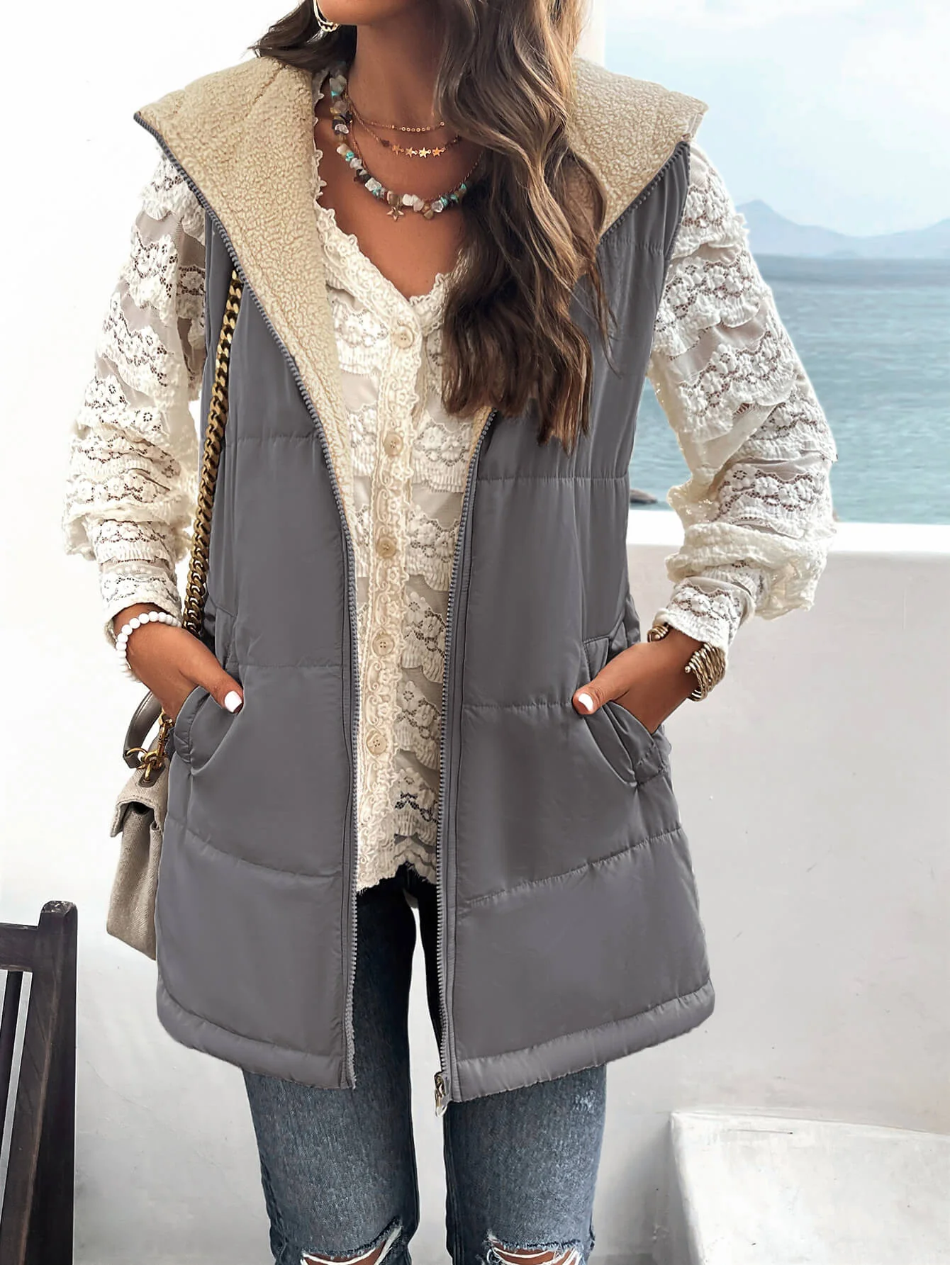 Fall And Forever Hooded Puffer Vest - Grey - Image 4