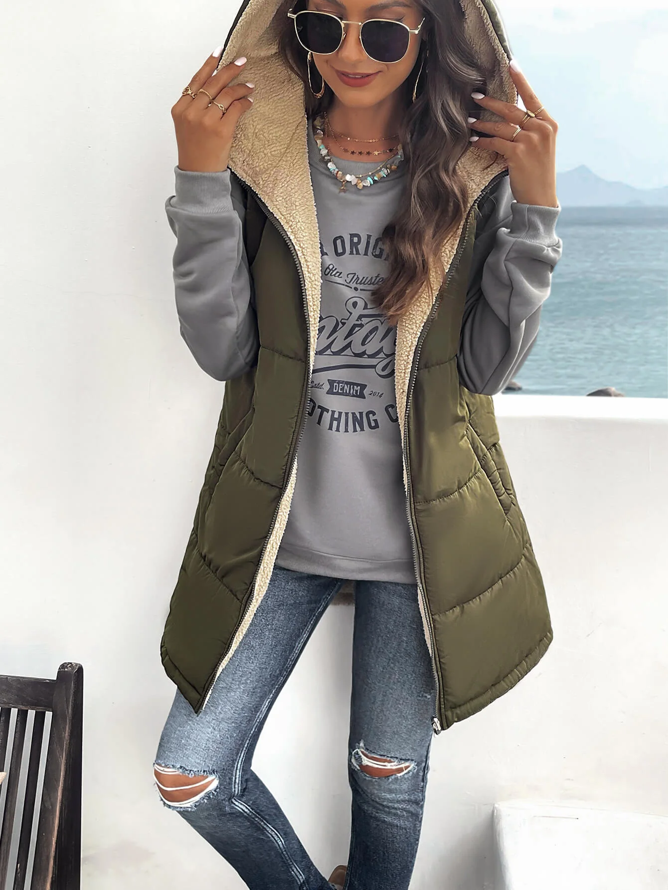 Fall And Forever Hooded Puffer Vest - Olive - Image 2