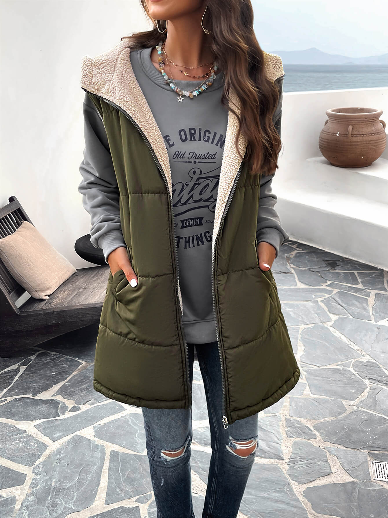 Fall And Forever Hooded Puffer Vest - Olive - Image 3