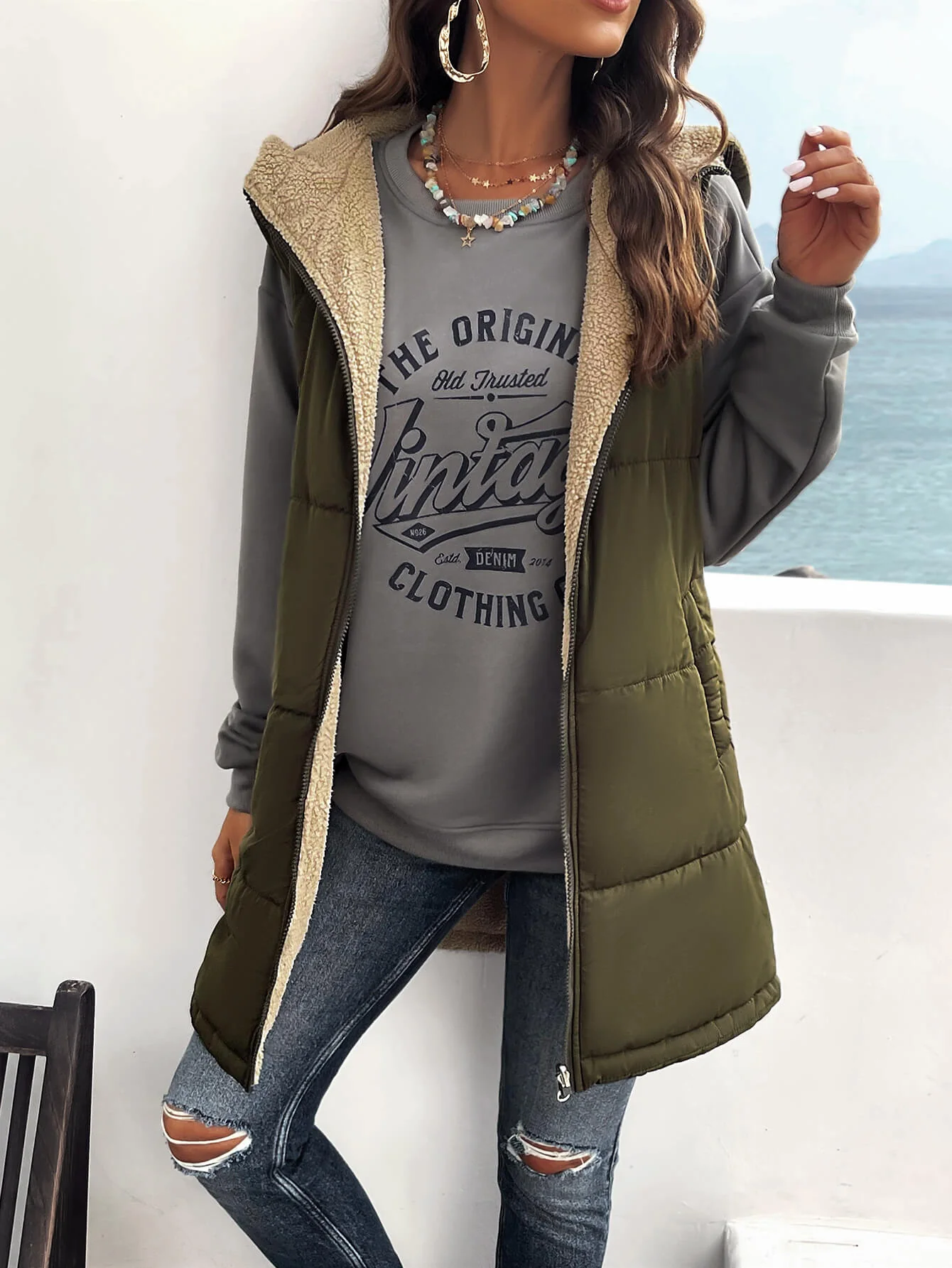 Fall And Forever Hooded Puffer Vest - Olive - Image 4