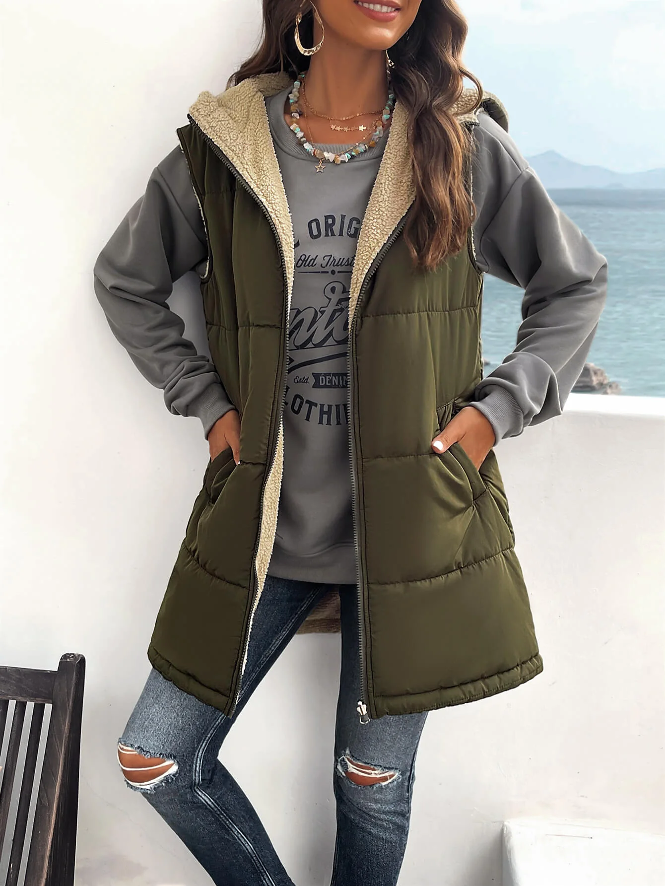 Fall And Forever Hooded Puffer Vest - Olive - Image 5