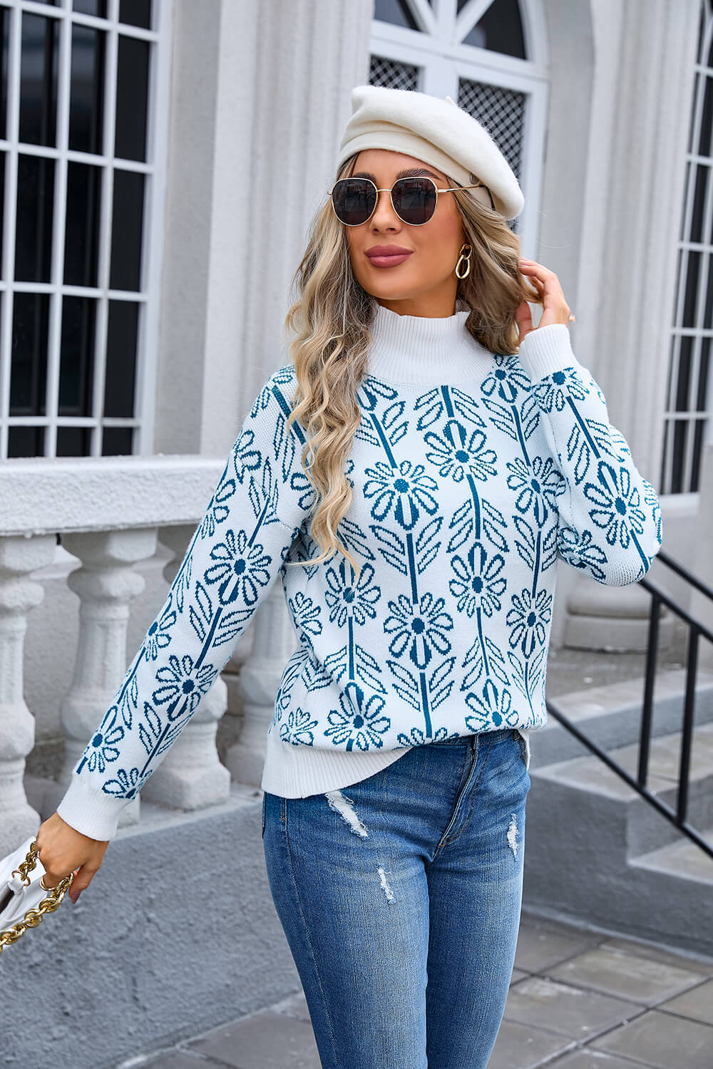 Fall In Flower Mockneck Sweater - Blue - Image 4
