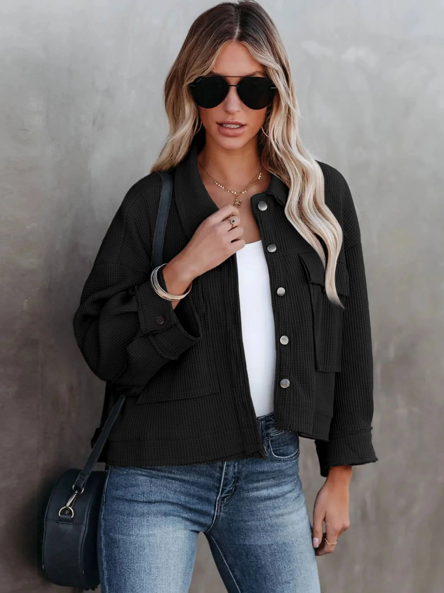 Fall In Waffle Pocketed Shacket - Black - Image 2