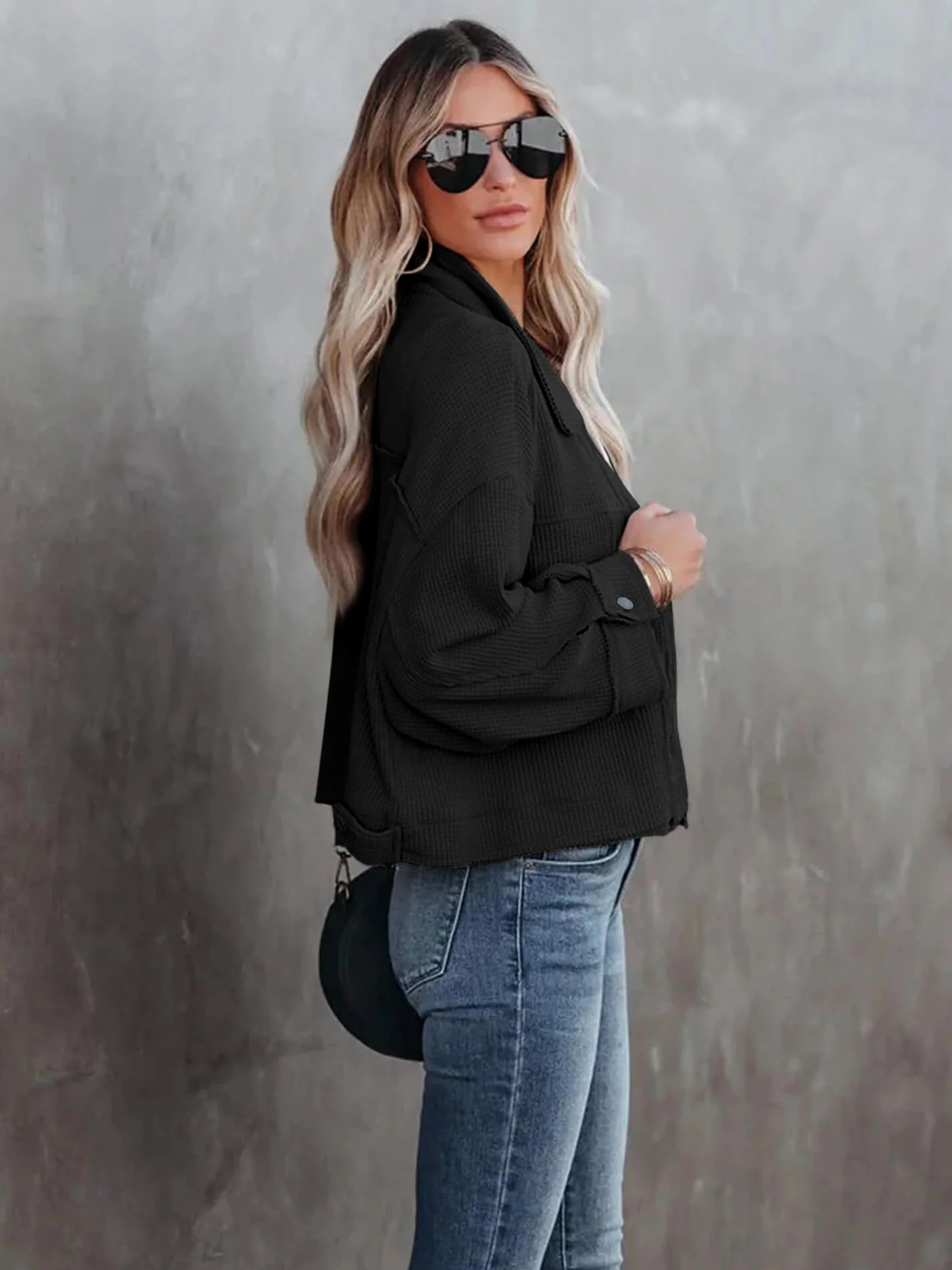 Fall In Waffle Pocketed Shacket - Black - Image 3