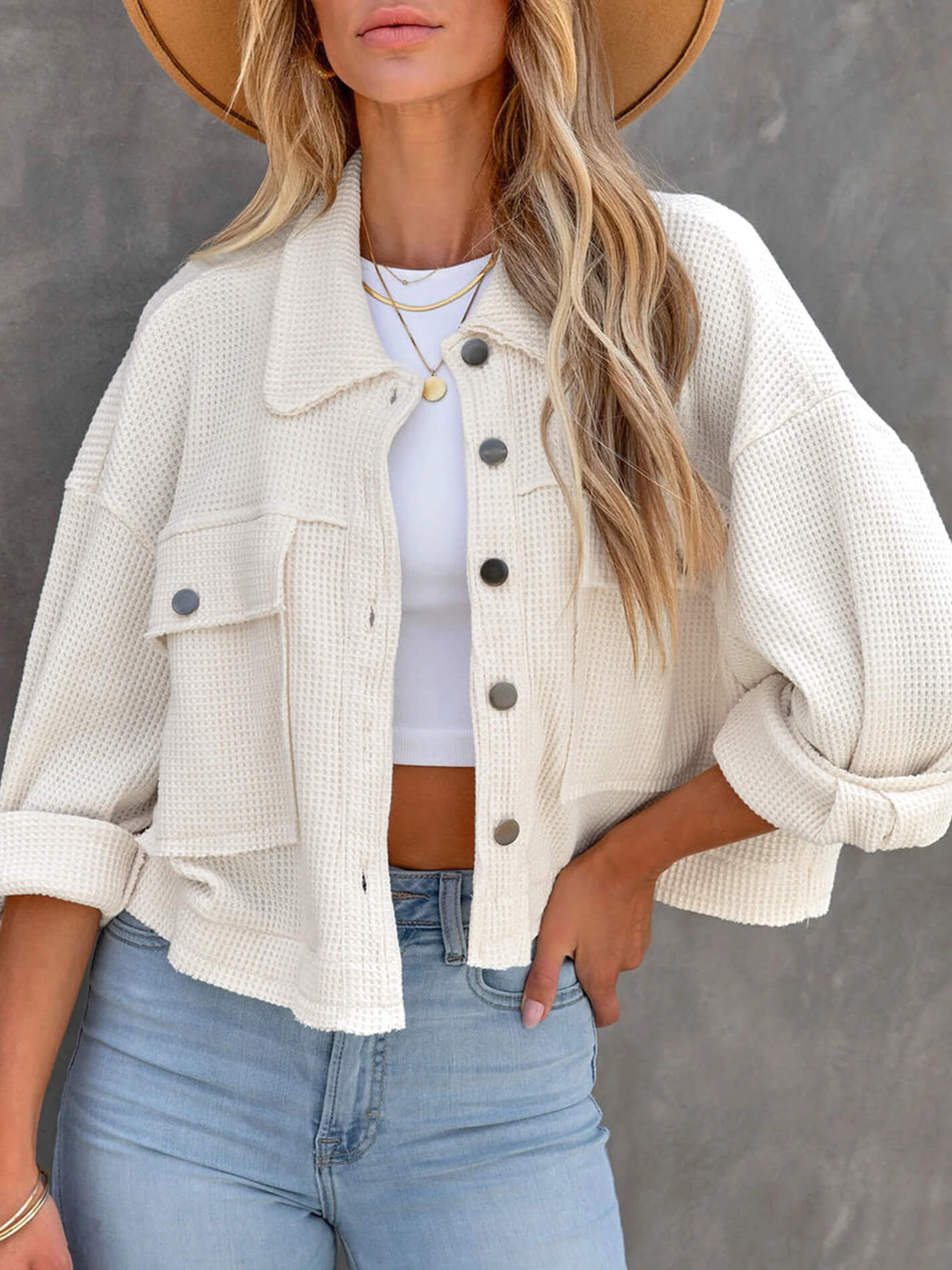 Fall In Waffle Pocketed Shacket - Cream - Image 3