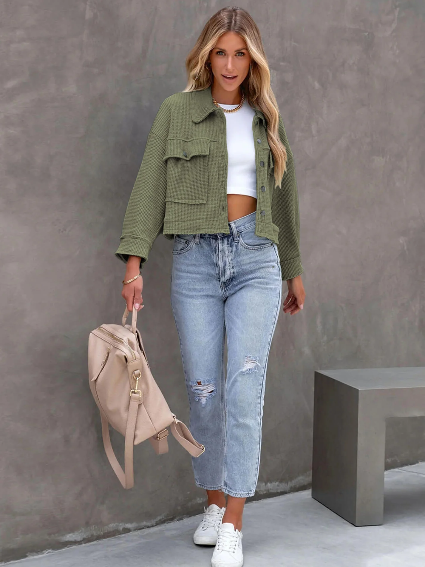 Fall In Waffle Pocketed Shacket - Green - Image 4