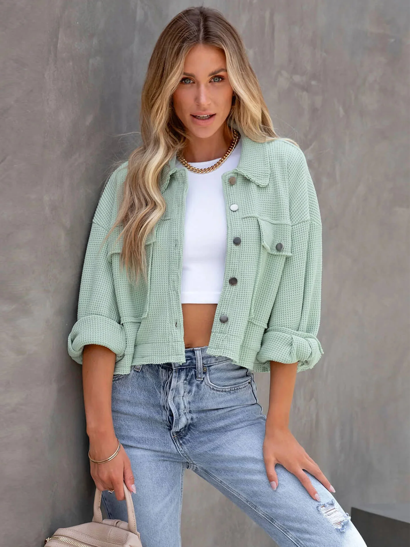 Fall In Waffle Pocketed Shacket - Mint - Image 2