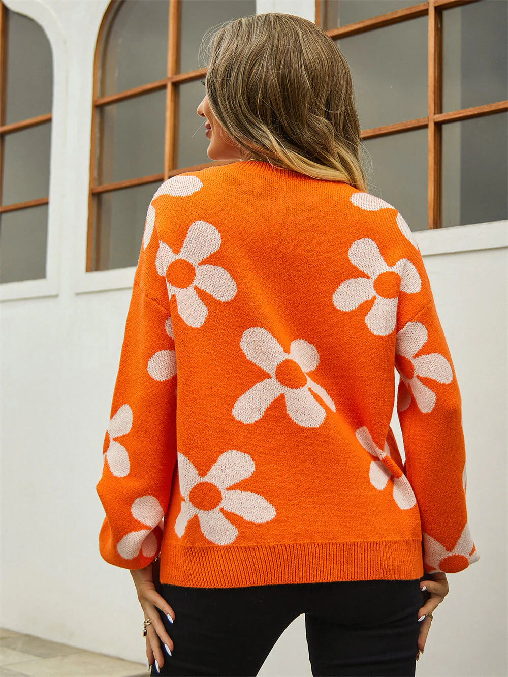 Fall Mega Daisy Floral Pullover Sweater - Orange - Image 3