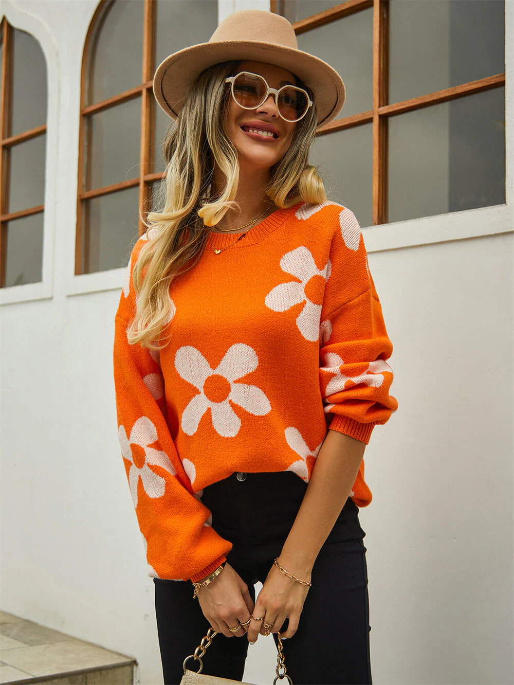 Fall Mega Daisy Floral Pullover Sweater - Orange - Image 6