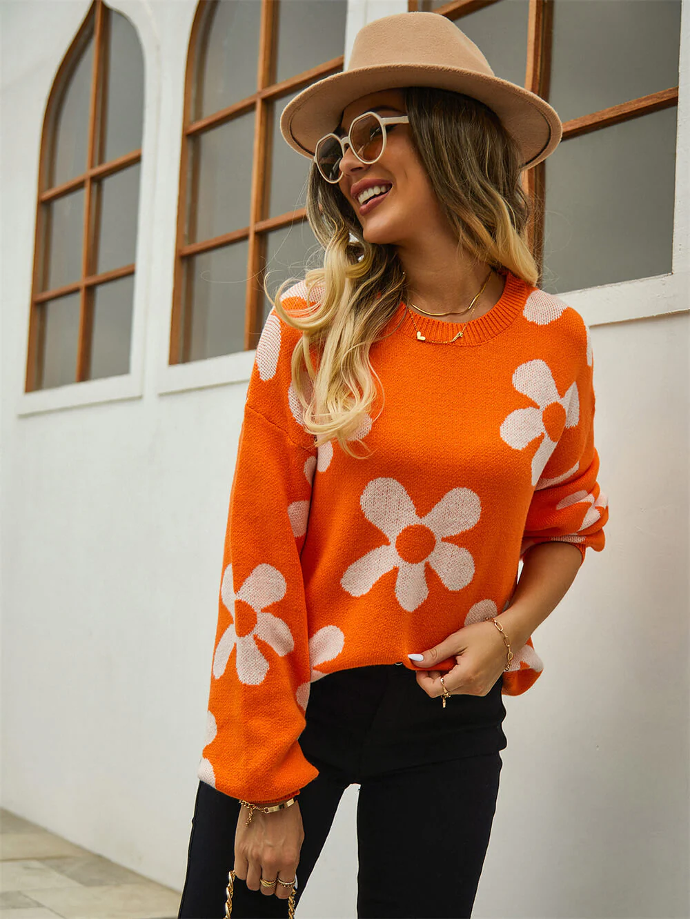 Fall Mega Daisy Floral Pullover Sweater - Orange - Image 8