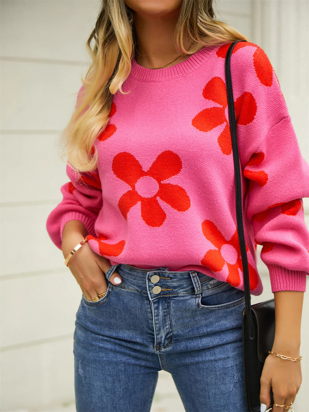 Fall Mega Daisy Floral Pullover Sweater - Pink - Image 2