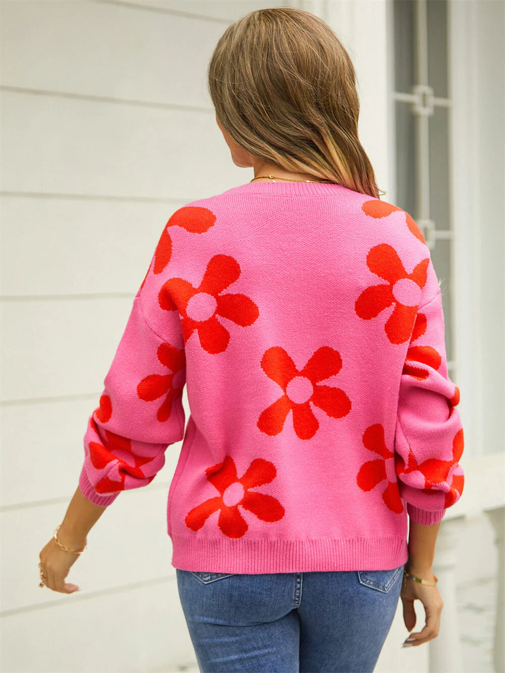 Fall Mega Daisy Floral Pullover Sweater - Pink - Image 3