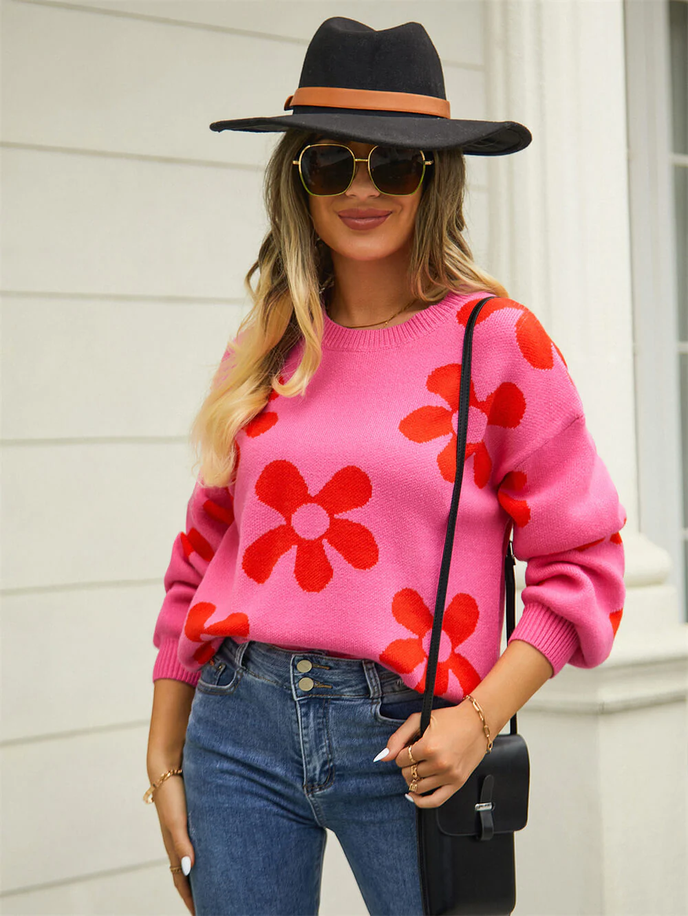Fall Mega Daisy Floral Pullover Sweater - Pink - Image 4