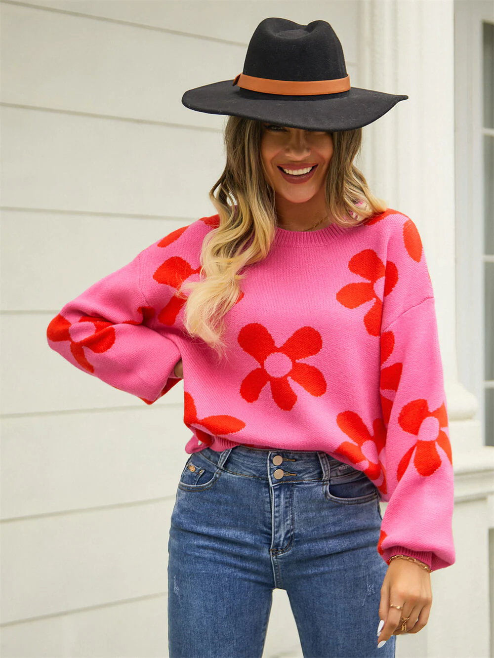 Fall Mega Daisy Floral Pullover Sweater - Pink - Image 6