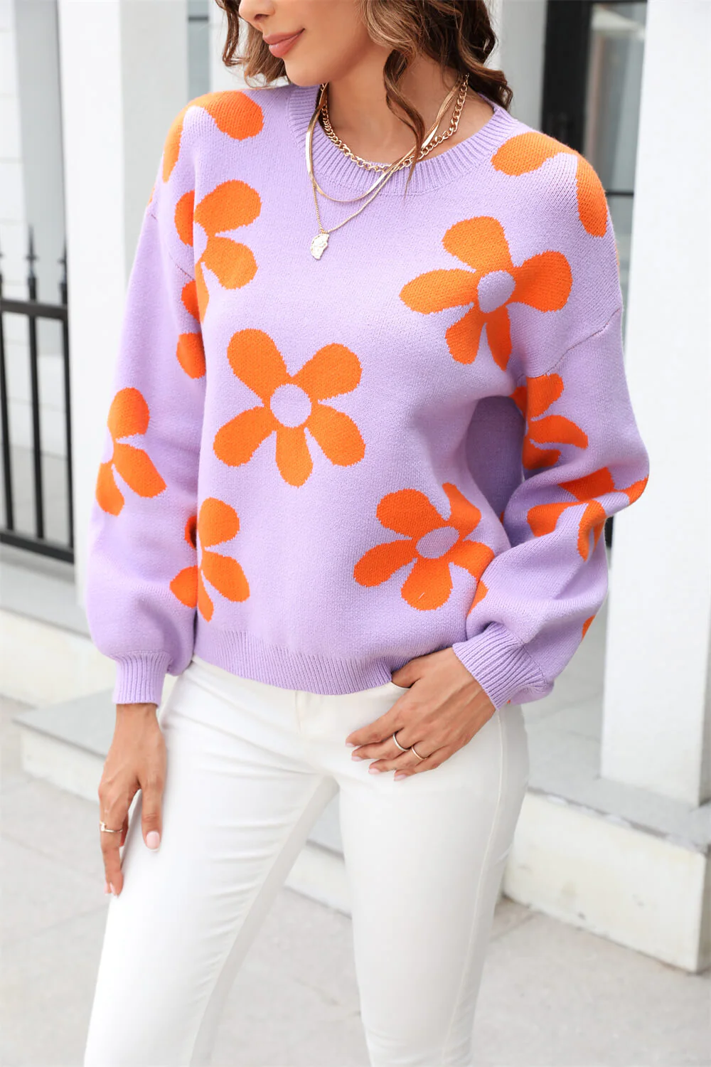 Fall Mega Daisy Floral Pullover Sweater - Purple - Image 3