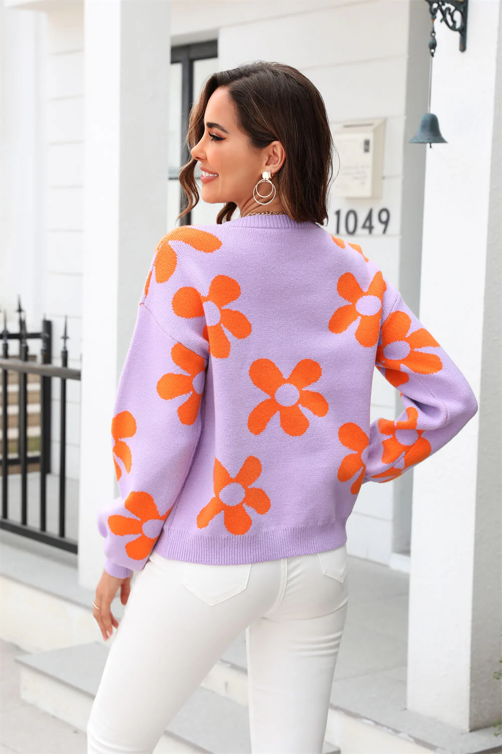 Fall Mega Daisy Floral Pullover Sweater - Purple - Image 4