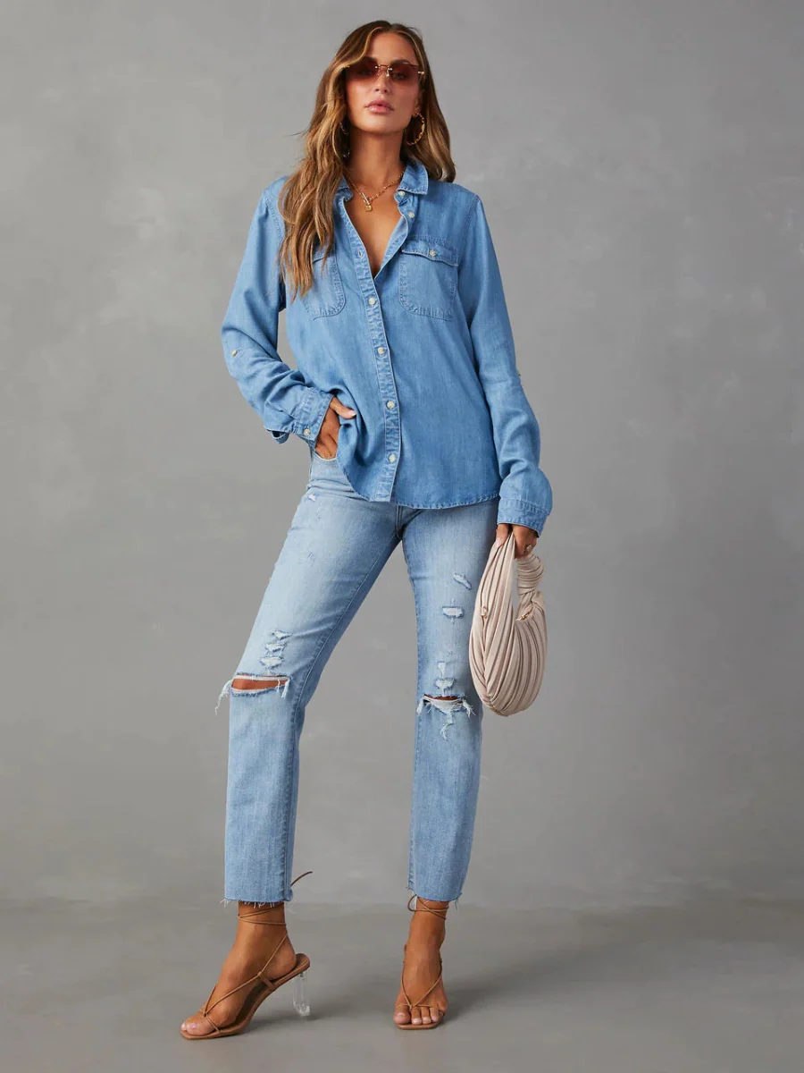 Far From Basic Button Down Denim Shirt - Blue