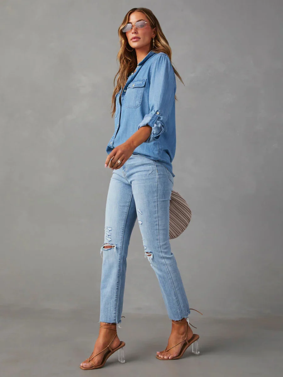 Far From Basic Button Down Denim Shirt - Blue - Image 2