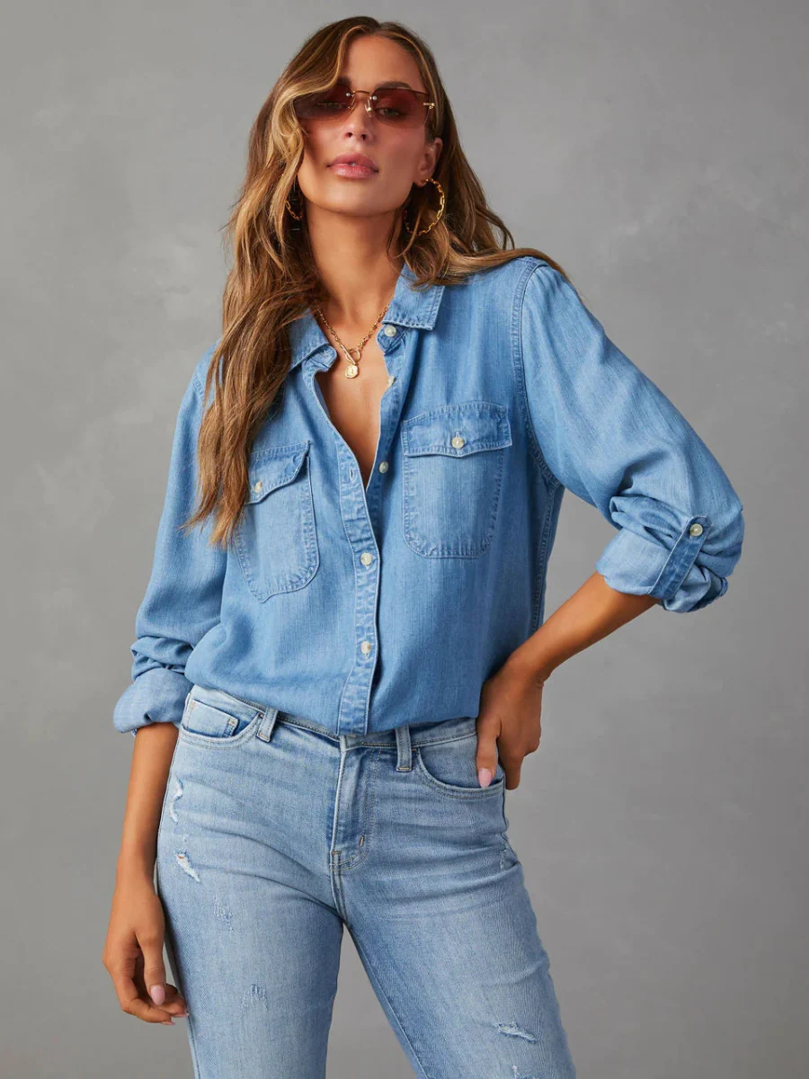 Far From Basic Button Down Denim Shirt - Blue - Image 4