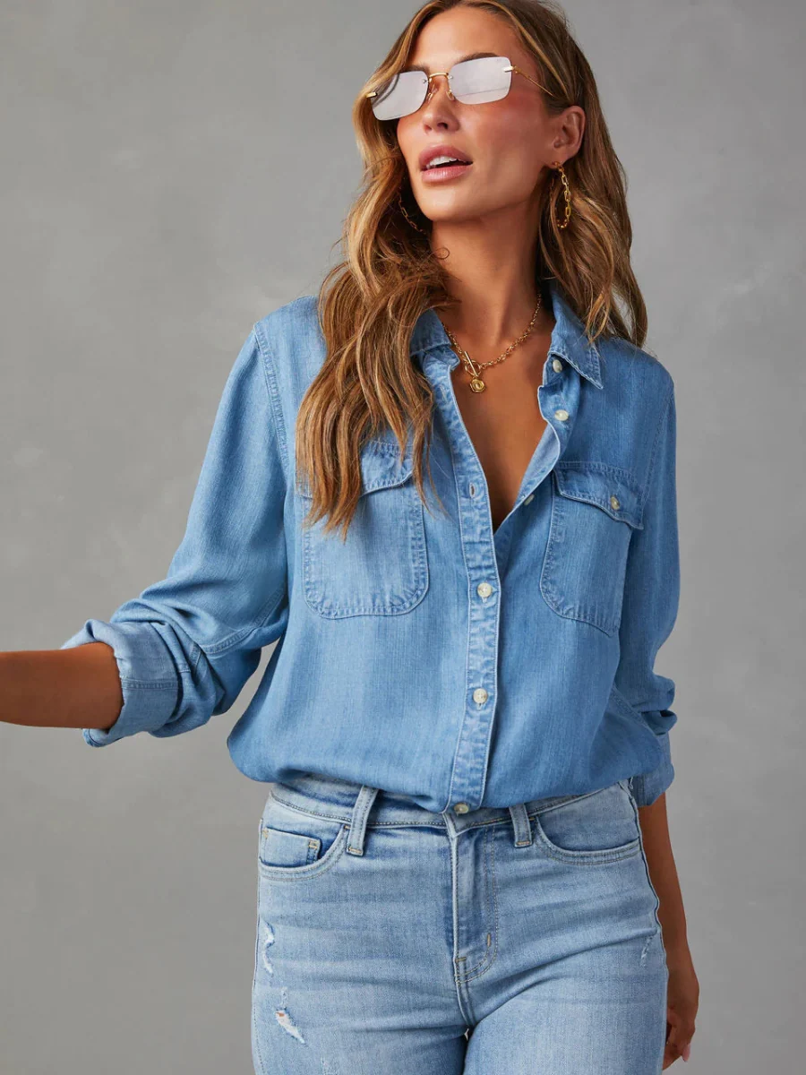 Far From Basic Button Down Denim Shirt - Blue - Image 6