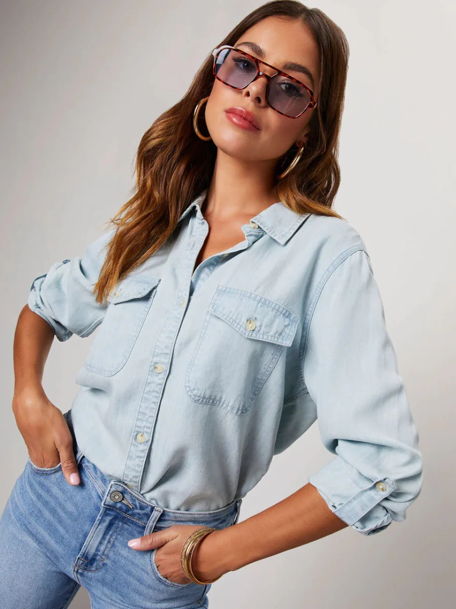 Far From Basic Button Down Denim Shirt - Light Blue