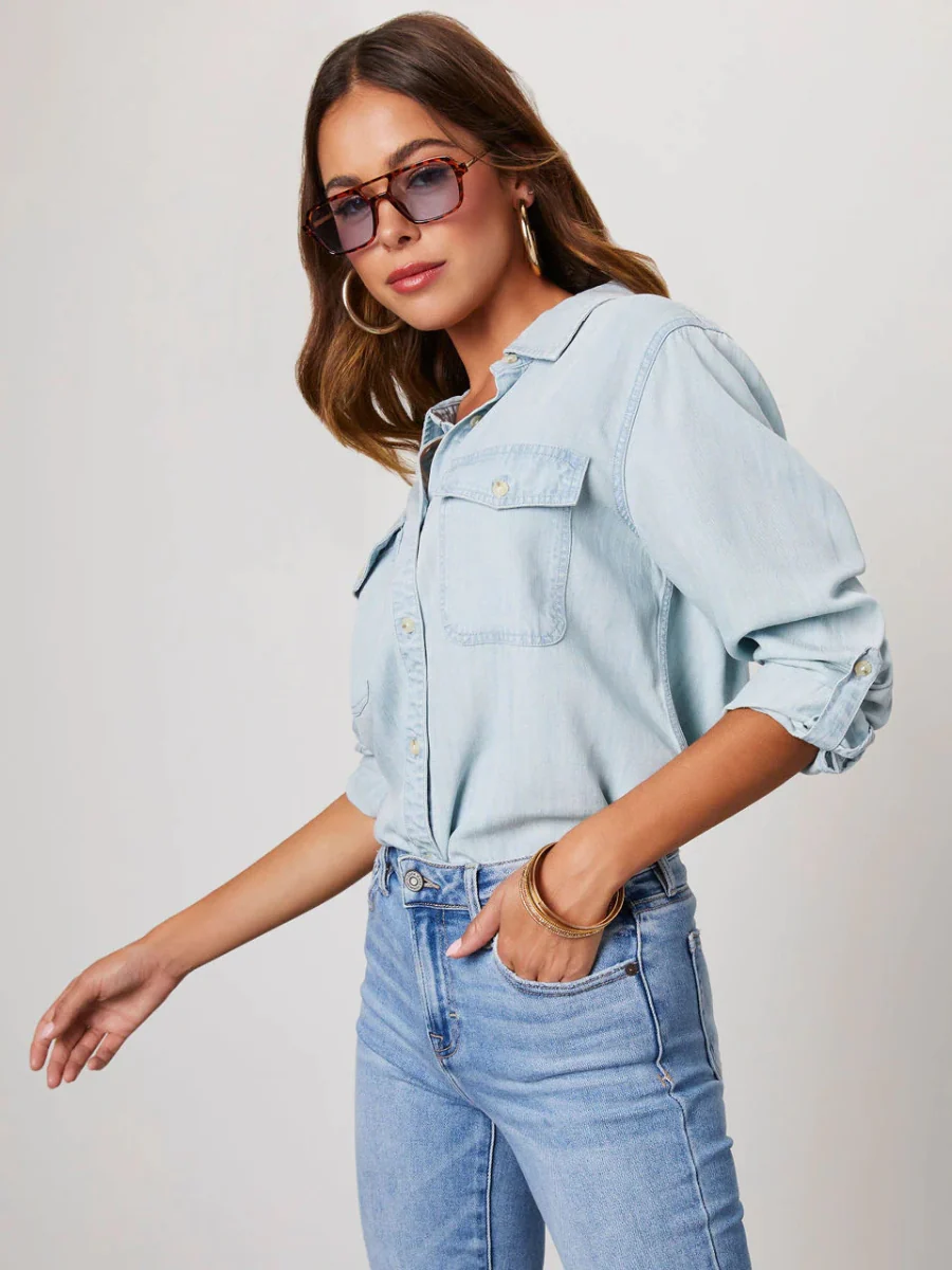 Far From Basic Button Down Denim Shirt - Light Blue - Image 2