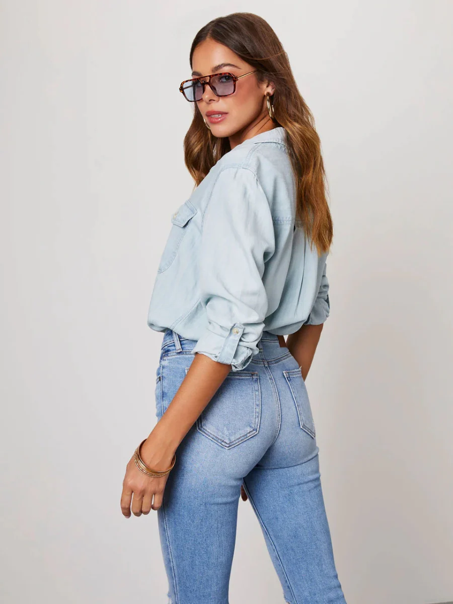 Far From Basic Button Down Denim Shirt - Light Blue - Image 3