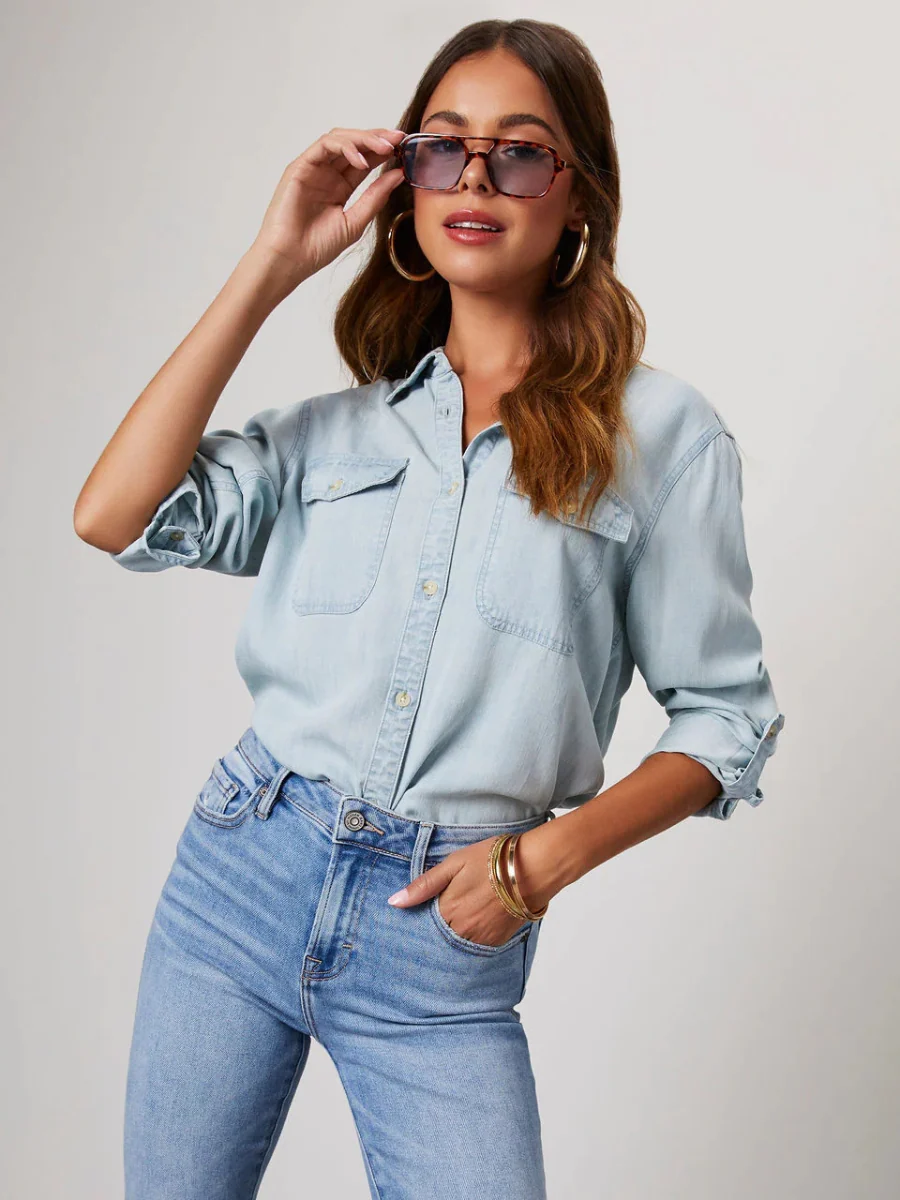 Far From Basic Button Down Denim Shirt - Light Blue - Image 4