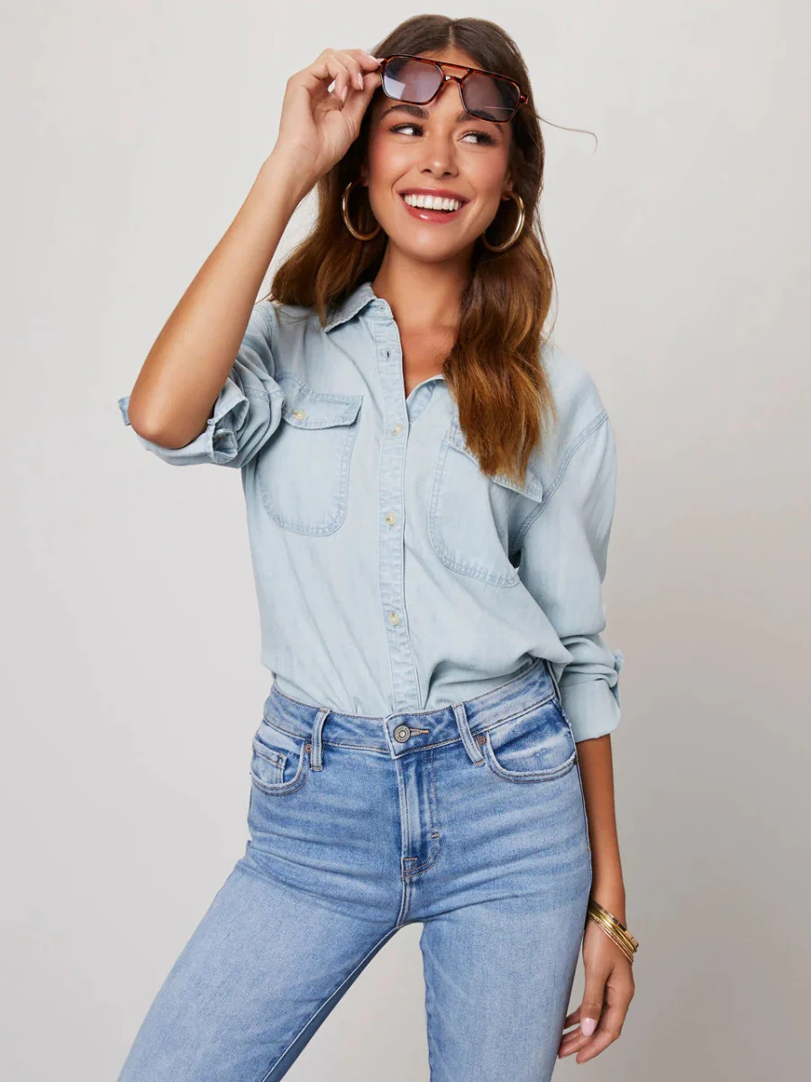 Far From Basic Button Down Denim Shirt - Light Blue - Image 5