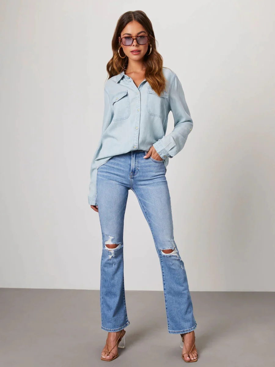 Far From Basic Button Down Denim Shirt - Light Blue - Image 6