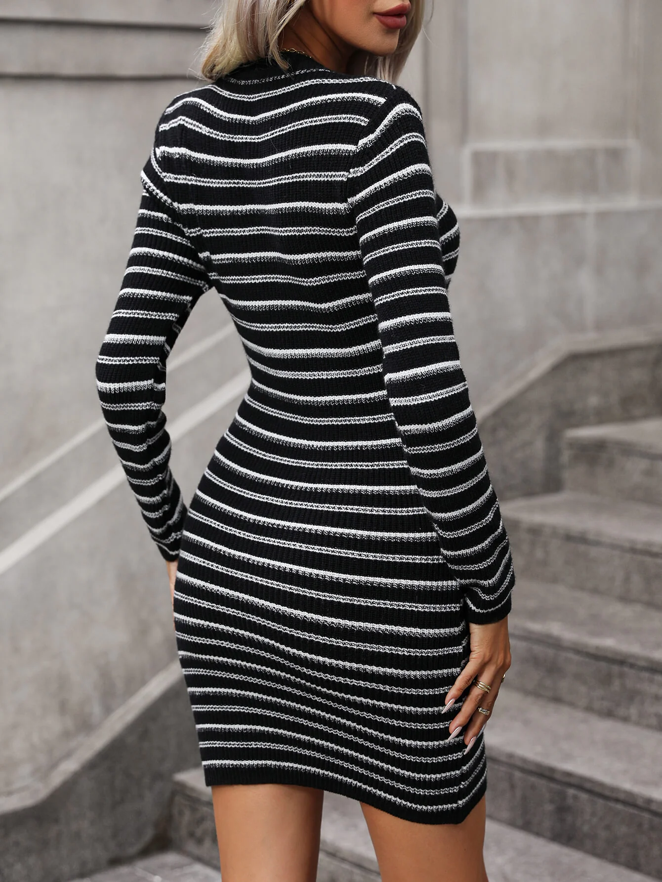 Fashionably Educated Striped Knit Mini Dress - Black - Image 5