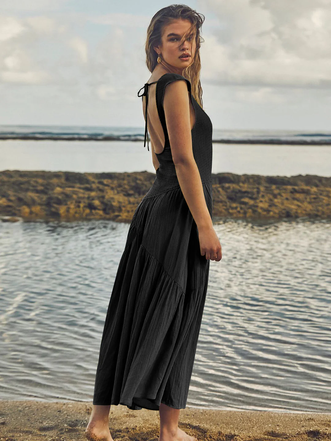 Feminine Frills Smocked Maxi Dress - Black - Image 2