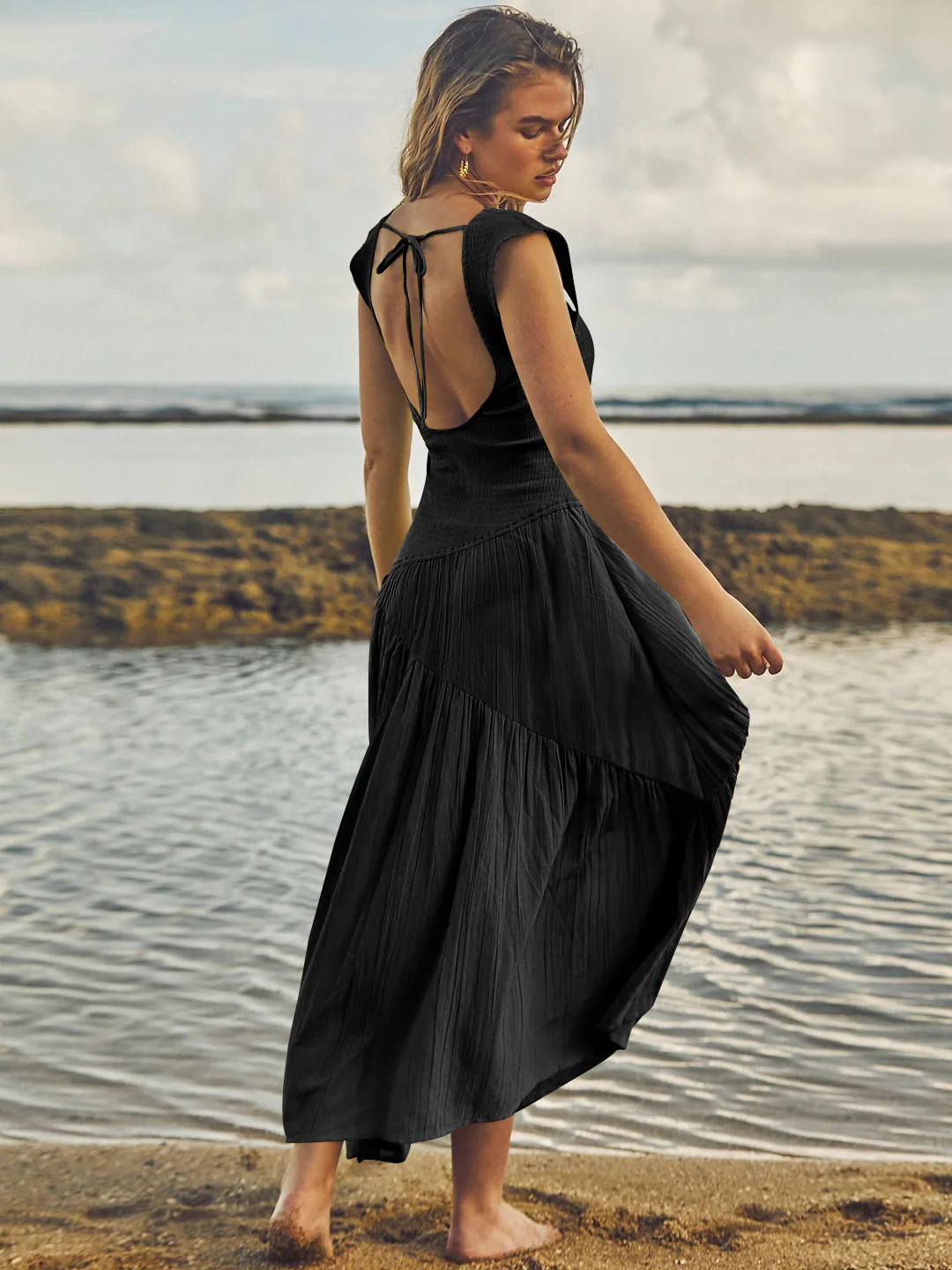 Feminine Frills Smocked Maxi Dress - Black - Image 3