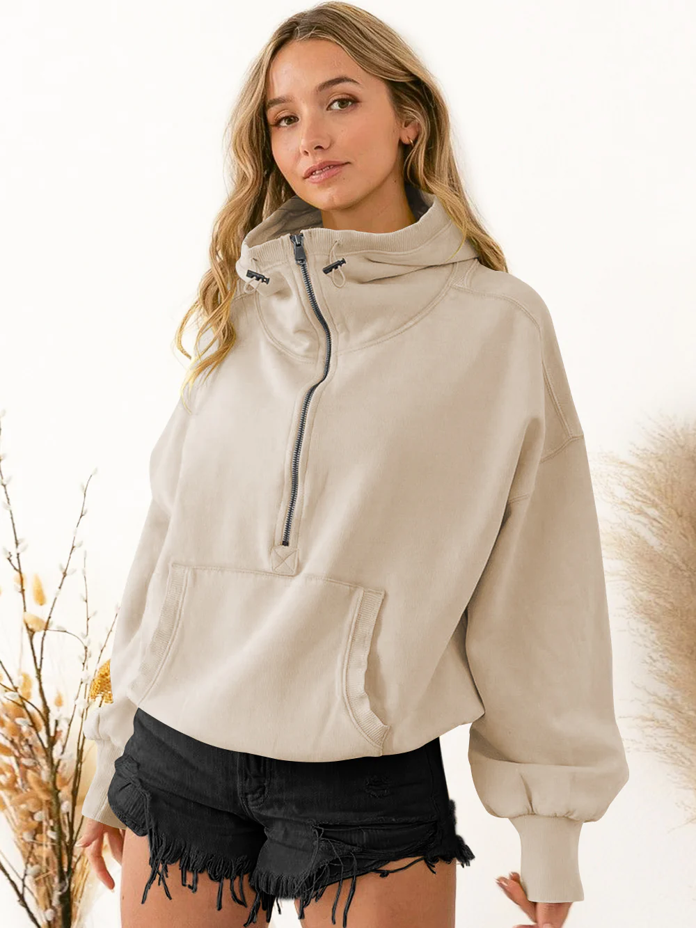 Fern Pocketed Hoodie Lightweight Jacket - Beige - Image 5