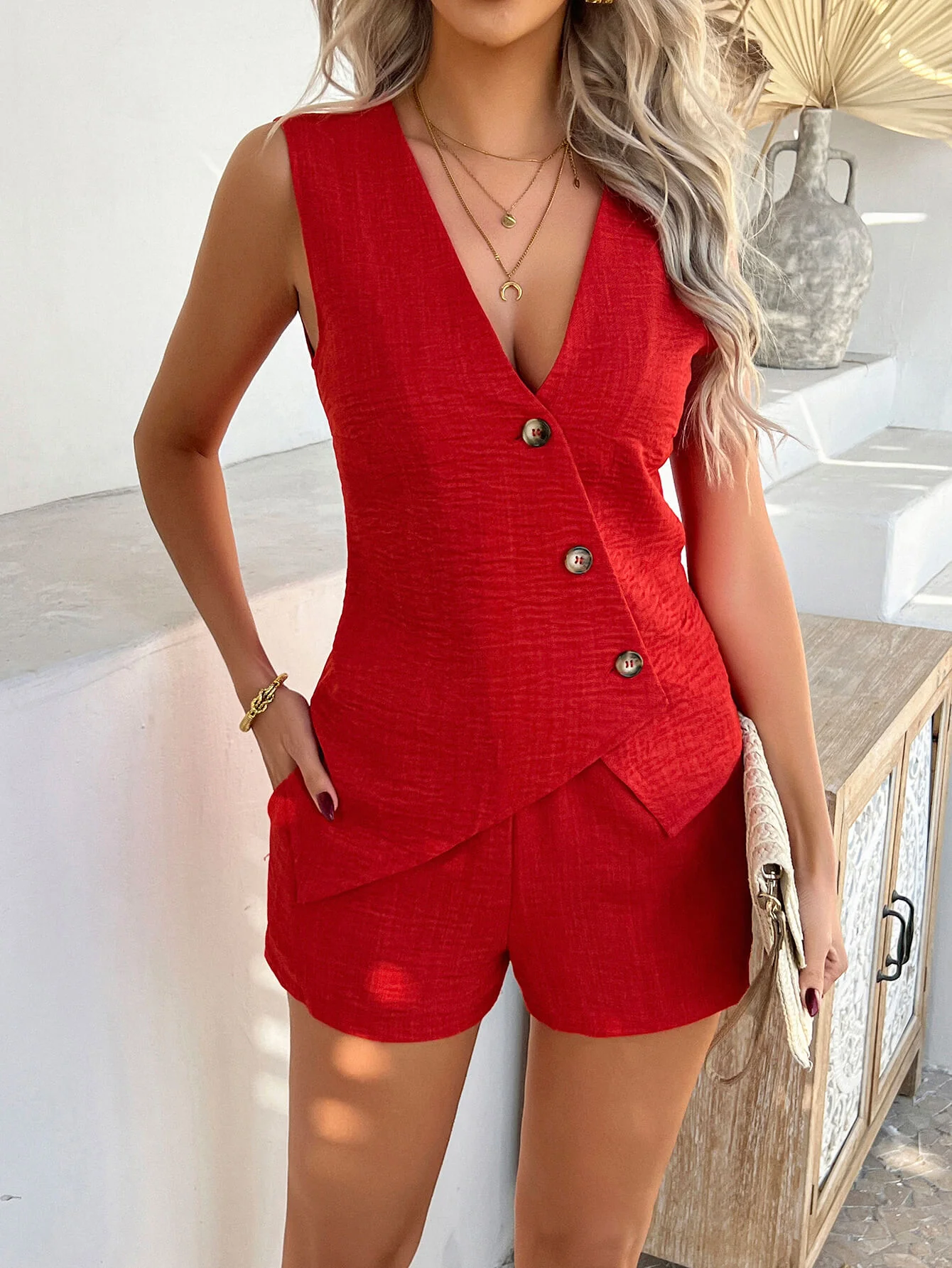 Fiji Gauze Button Down Vest Matching Sets - red - Image 3