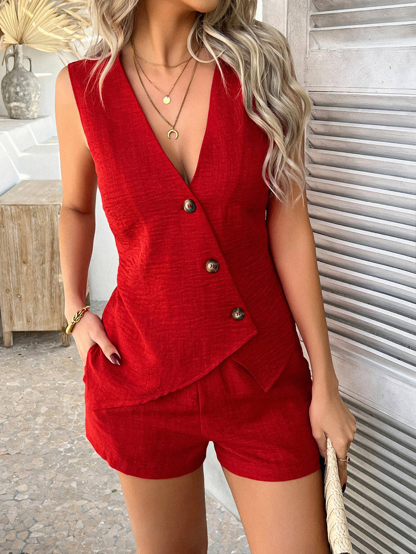 Fiji Gauze Button Down Vest Matching Sets - red - Image 6