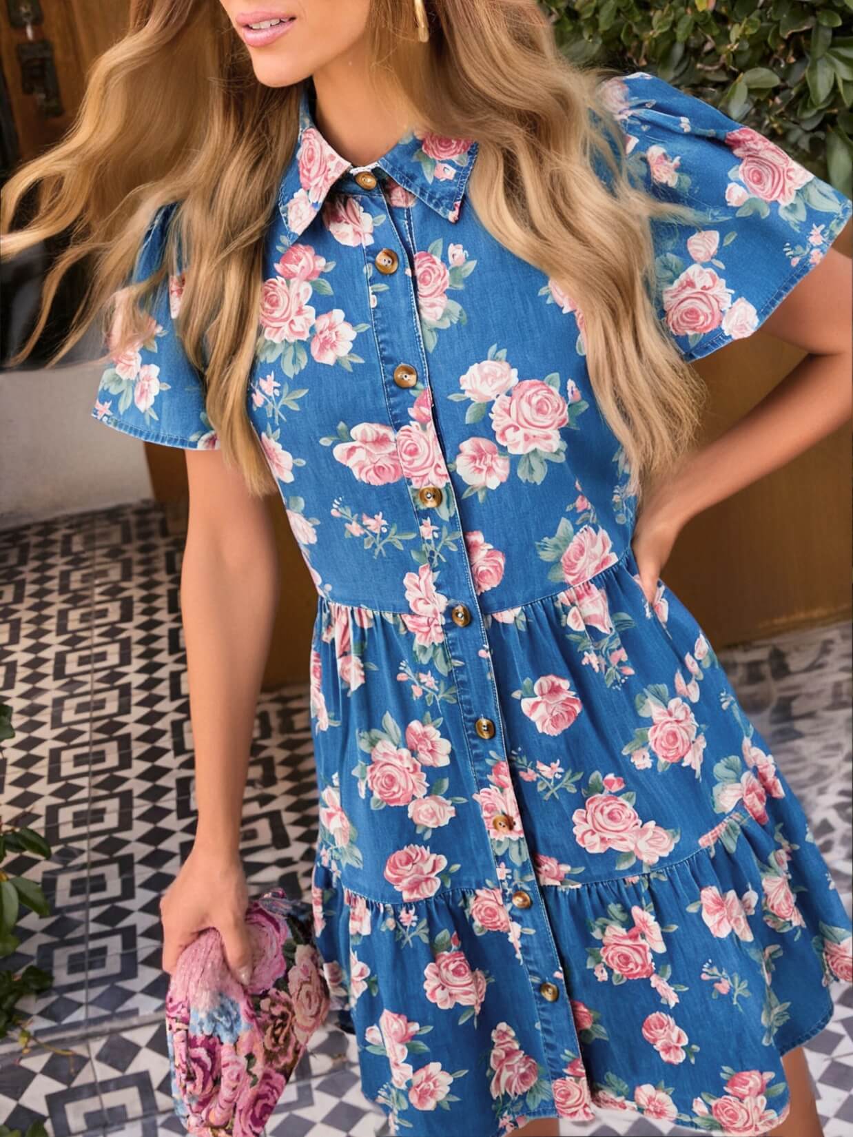Fleur Fantasy Rose Denim Mini Dress - denim - Image 2