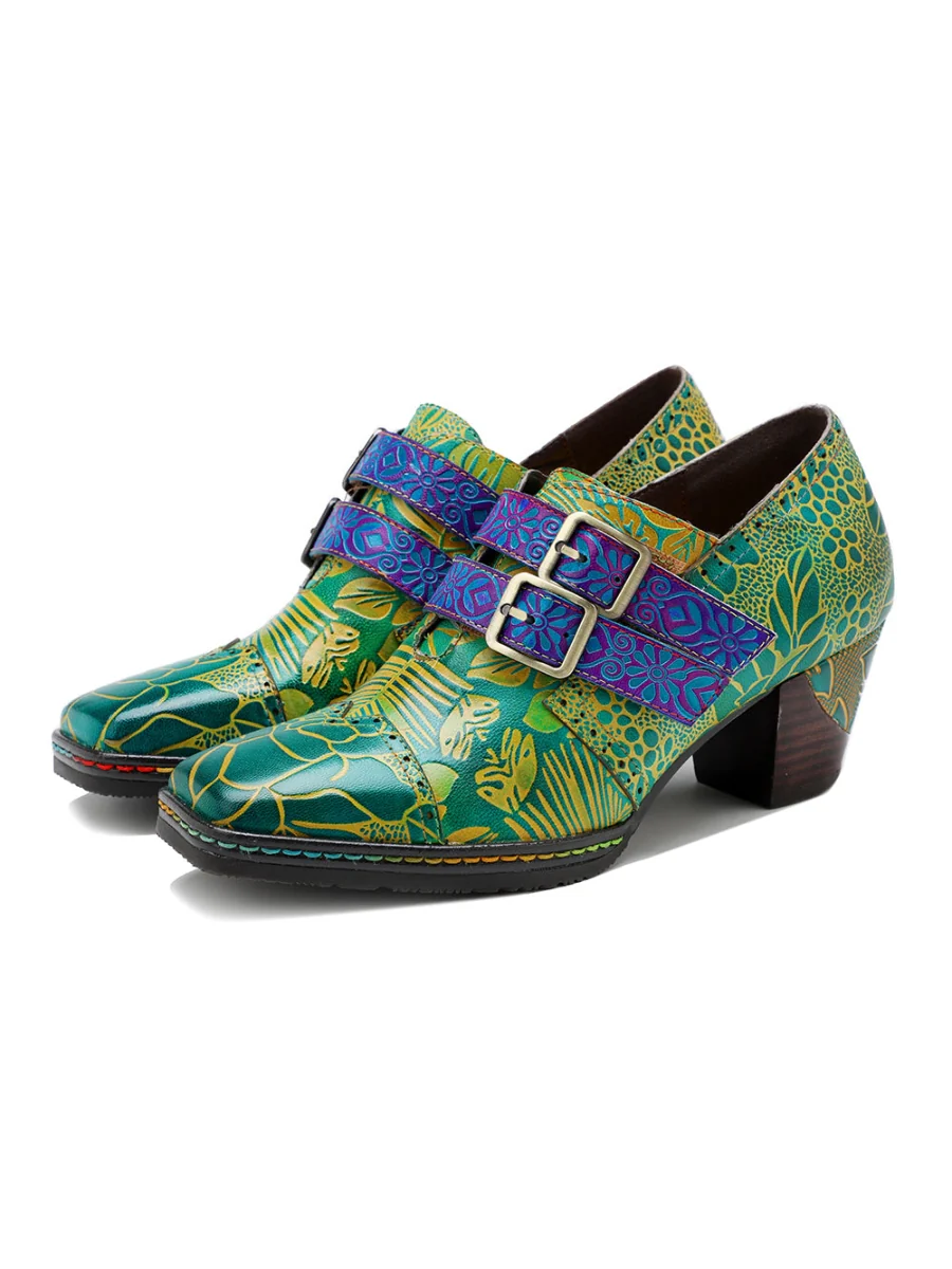 SOFFIA | Leather Floral Embossed Double Strap Monk Oxford - Image 3