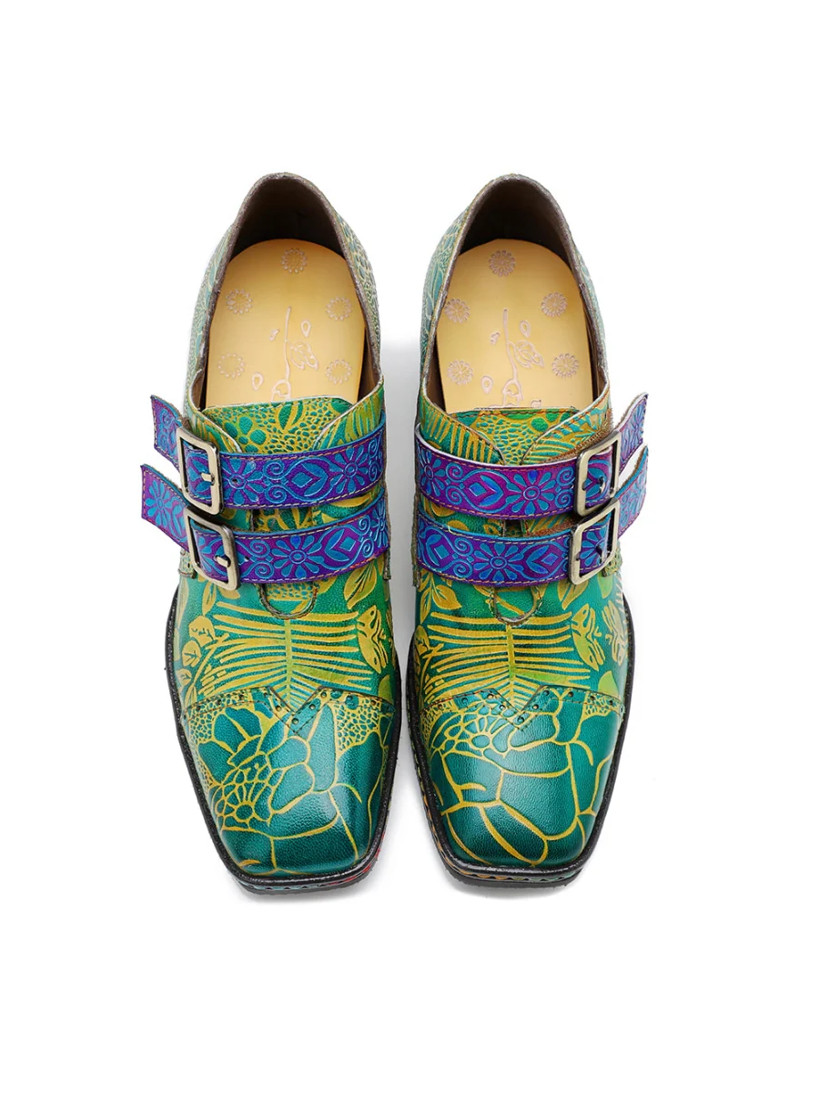 SOFFIA | Leather Floral Embossed Double Strap Monk Oxford - Image 4