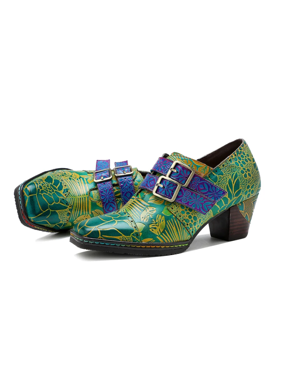 SOFFIA | Leather Floral Embossed Double Strap Monk Oxford - Image 6