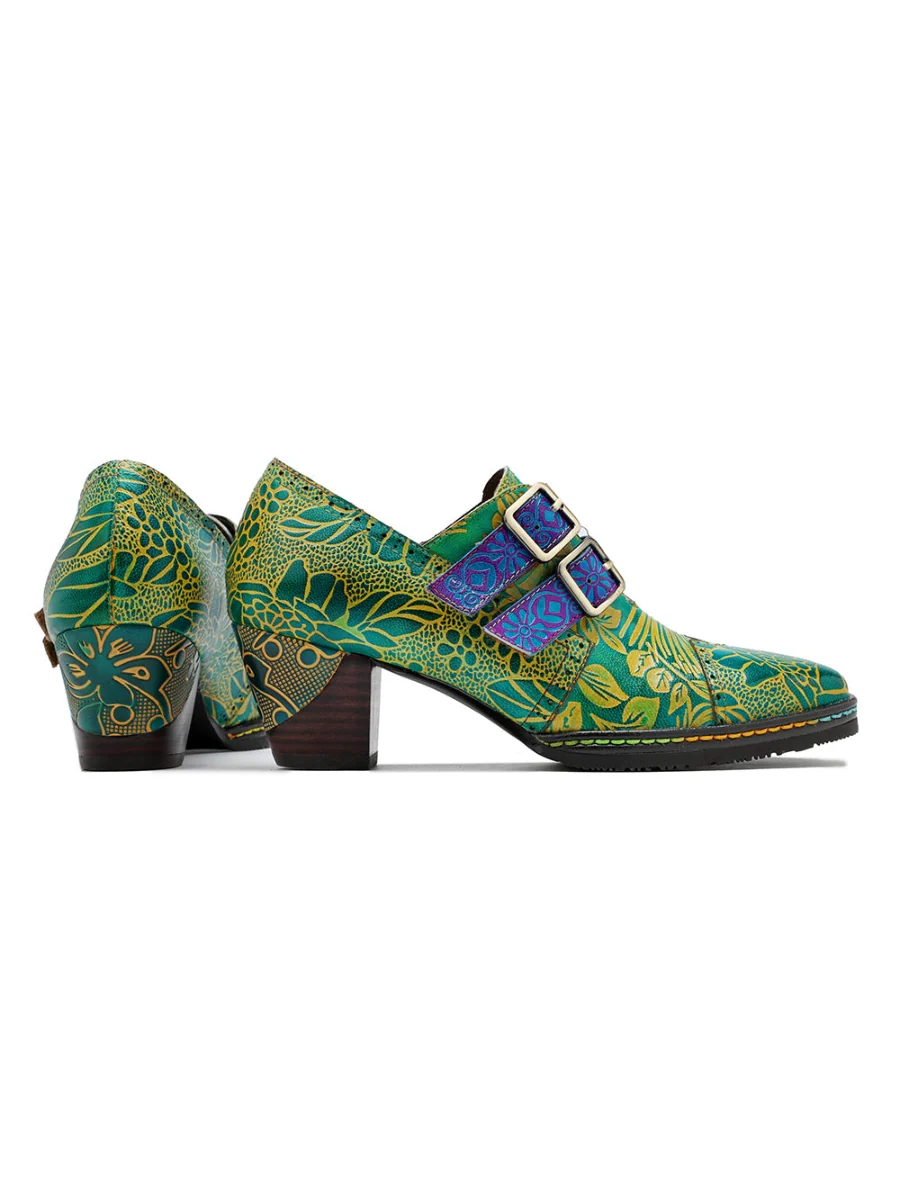 SOFFIA | Leather Floral Embossed Double Strap Monk Oxford - Image 7