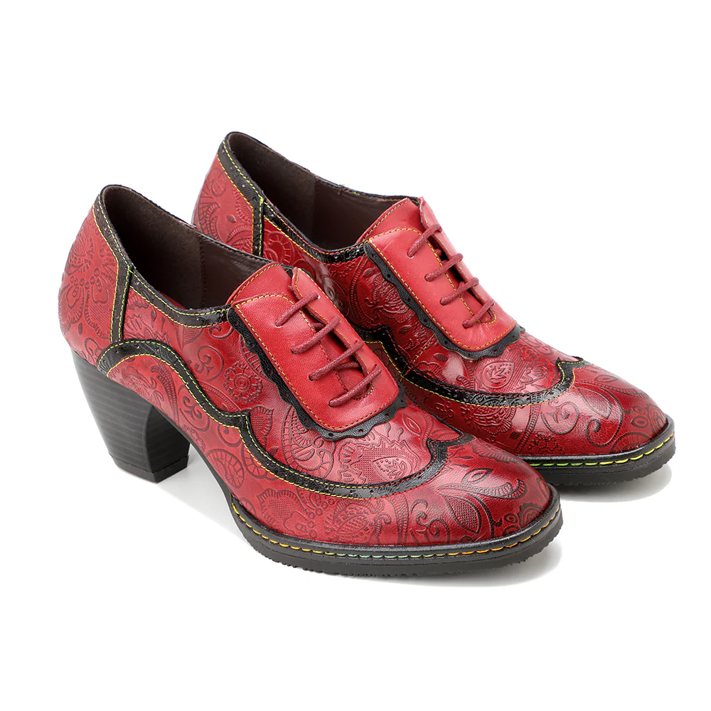 SOFFIA | Floral Embossed Leather Oxford Pumps - Image 3
