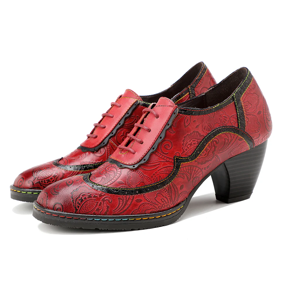 SOFFIA | Floral Embossed Leather Oxford Pumps - Image 4