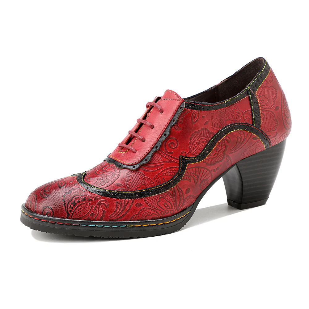 SOFFIA | Floral Embossed Leather Oxford Pumps - Image 6