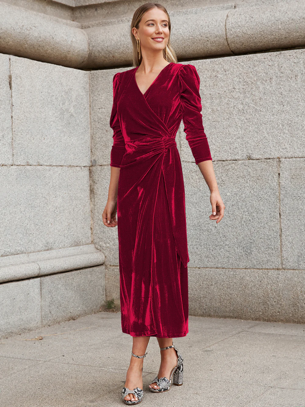 Florence Metallic Velvet Tie Waist Midi Dress - Burgundy - Image 3