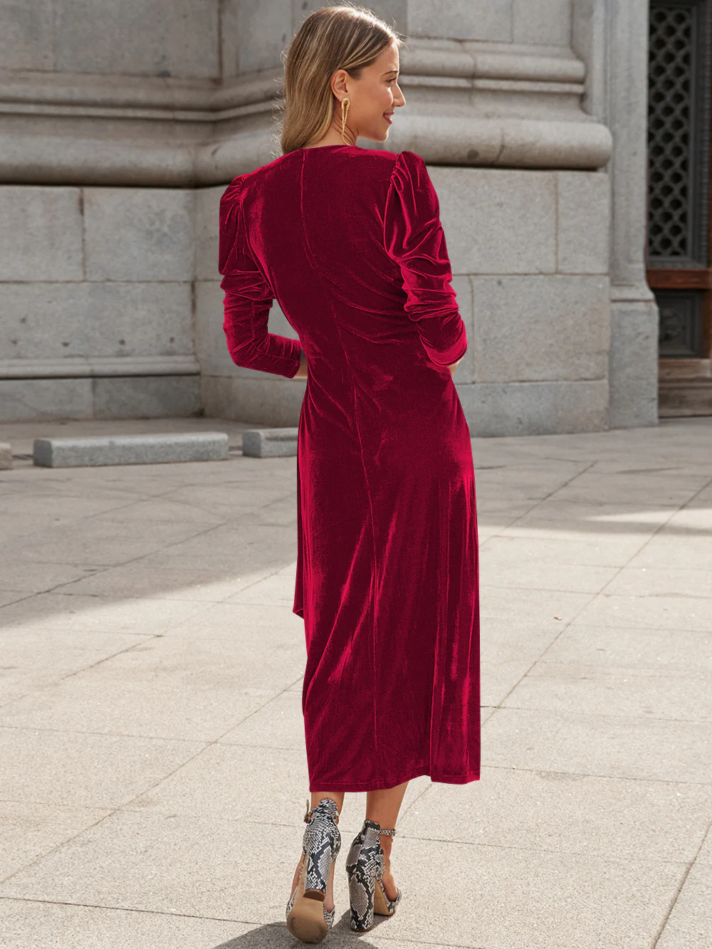 Florence Metallic Velvet Tie Waist Midi Dress - Burgundy - Image 4