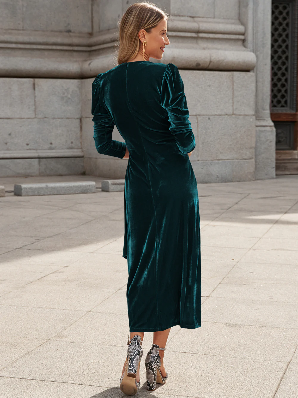 Florence Metallic Velvet Tie Waist Midi Dress - Emerald - Image 4